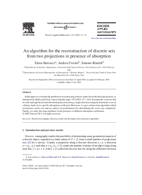 (PDF) An algorithm for the reconstruction of discrete sets from two ...