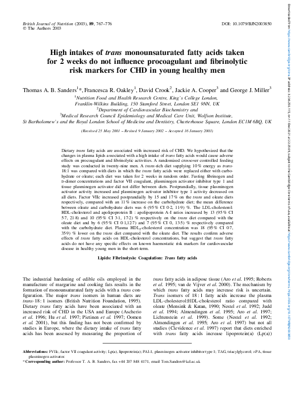 High intakes oftransmonounsaturated fatty acids taken for 2 weeks do not influence procoagulant and fibrinolytic risk markers for CHD in young healthy men