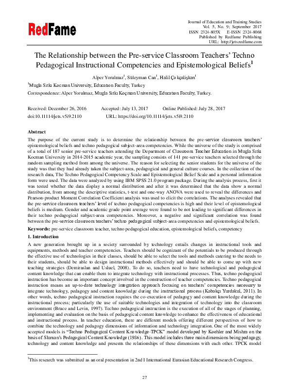 (PDF) The Relationship between the Pre-service Classroom Teachers ...