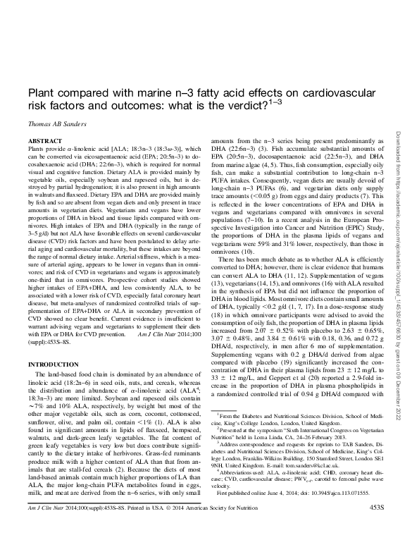 (PDF) Plant compared with marine n3 fatty acid effects on