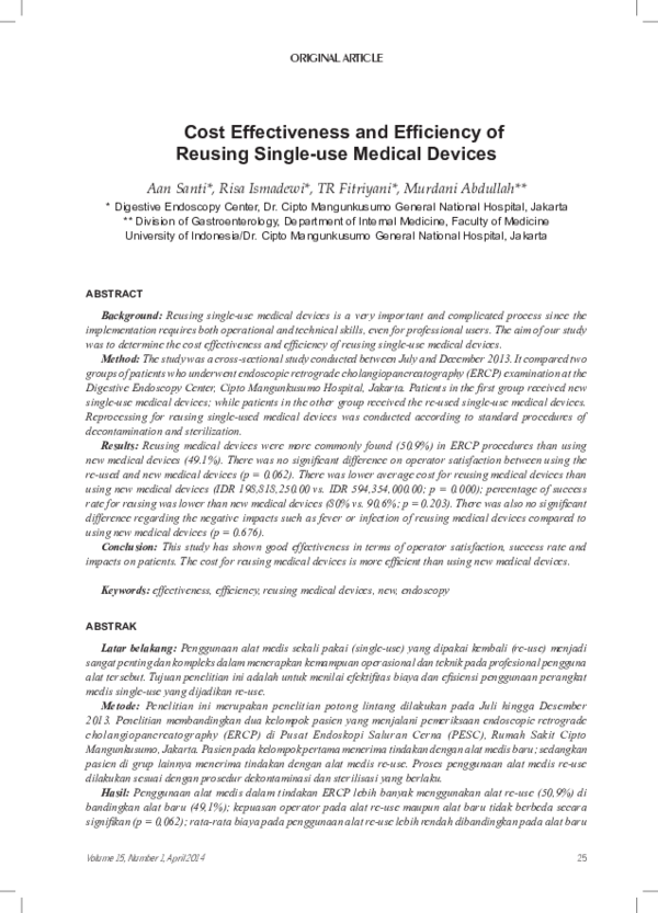 (PDF) Cost Effectiveness and Efficiency of Reusing Singleuse Medical
