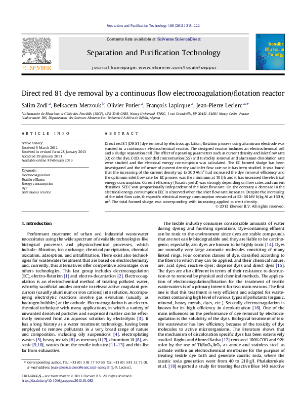 (PDF) Direct red 81 dye removal by a continuous flow electrocoagulation ...