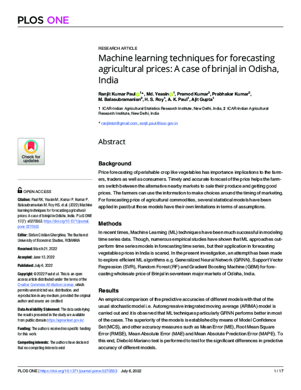 (PDF) Machine learning techniques for forecasting agricultural prices ...