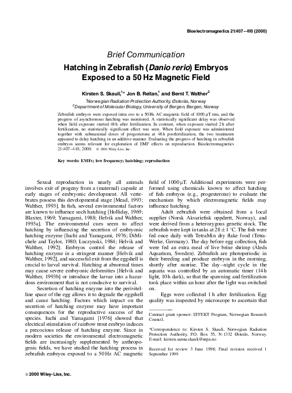 (PDF) Hatching in zebrafish (Danio rerio) embryos exposed to a 50 Hz ...