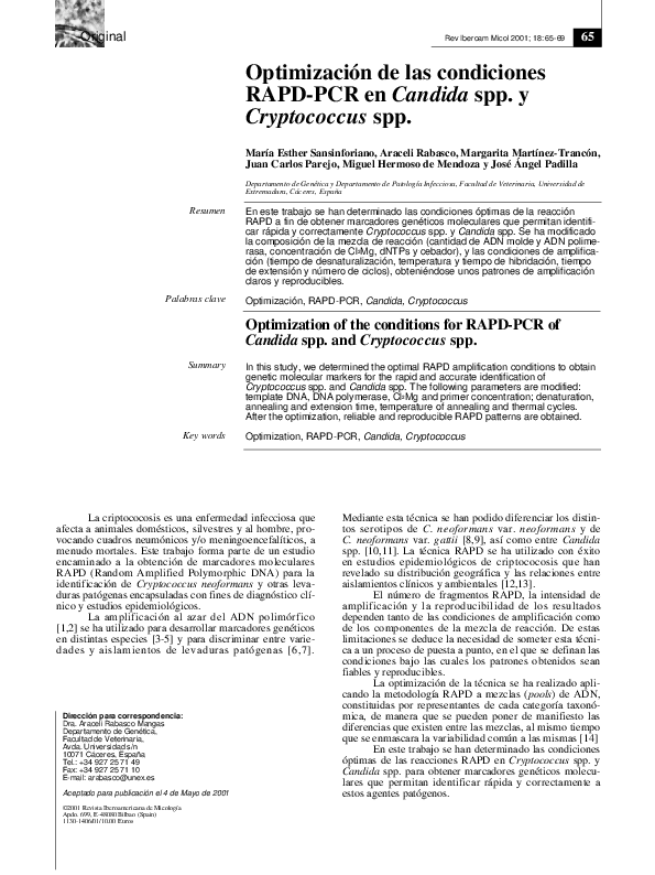 (PDF) Optimización de las condiciones RAPD-PCR en Candida spp. y ...