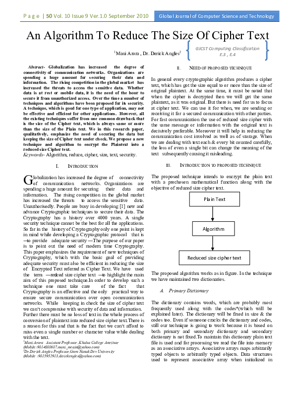 (PDF) An Algorithm To Reduce The Size Of Cipher Text