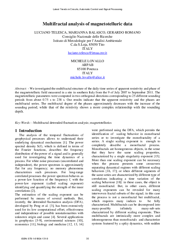 (PDF) Multifractal analysis of magnetotelluric data