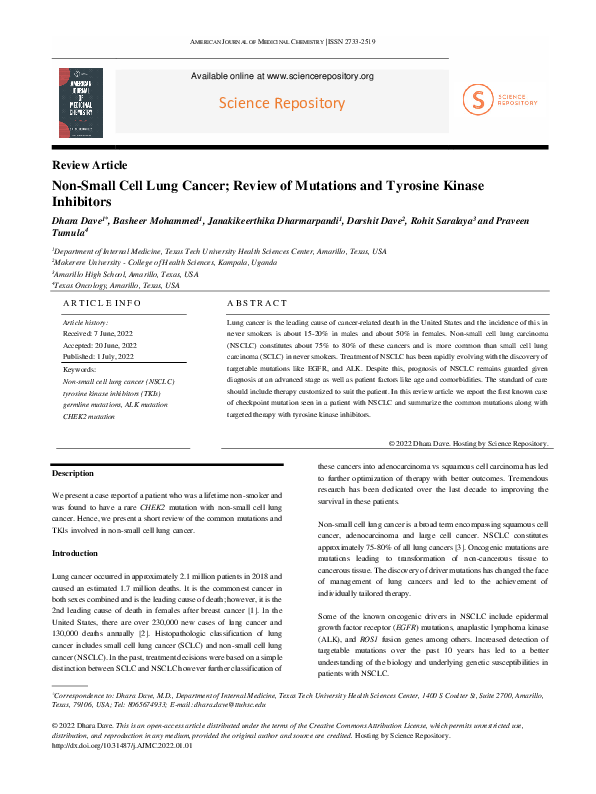 (PDF) Non-Small Cell Lung Cancer; Review of Mutations and Tyrosine ...