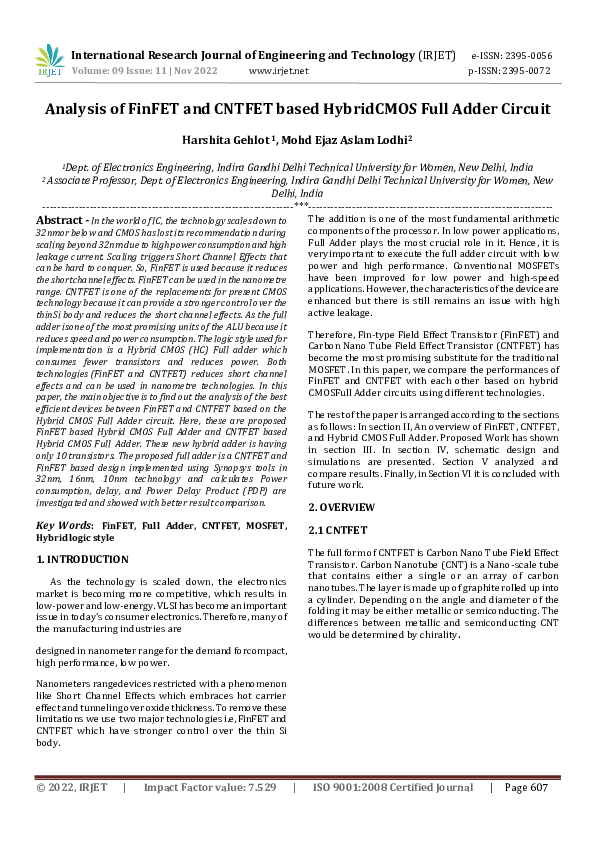 (PDF) Analysis of FinFET and CNTFET based Hybrid CMOS Full Adder Circuit