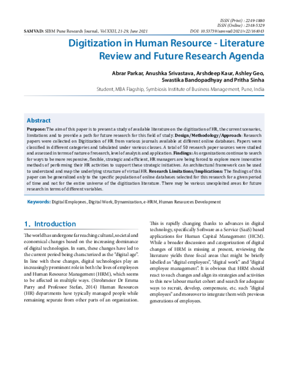 (PDF) Digitization in Human Resource - Literature Review and Future ...