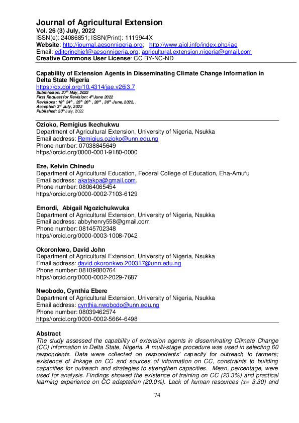 (PDF) Capability of Extension Agents in Disseminating Climate Change Information in Delta State