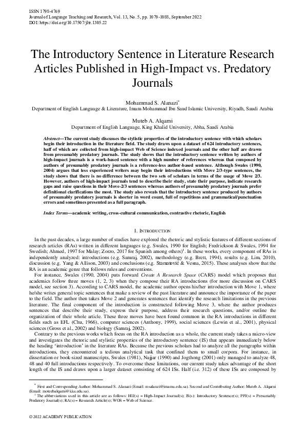 (PDF) The Introductory Sentence in Literature Research Articles ...