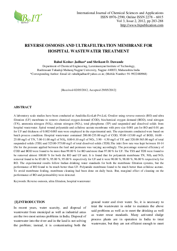 (PDF) Reverse Osmosis and Ultrafiltration Membrane for Hospital ...