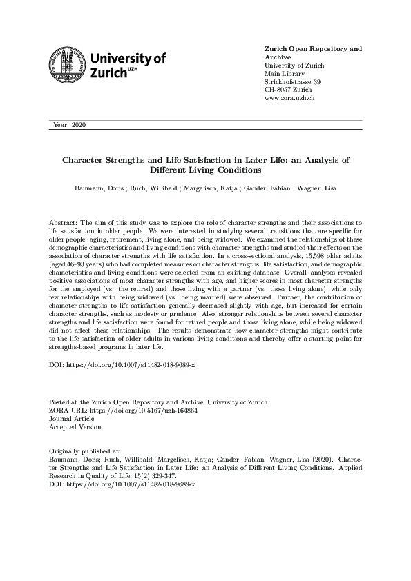 (PDF) Character Strengths and Life Satisfaction in Later Life: an ...