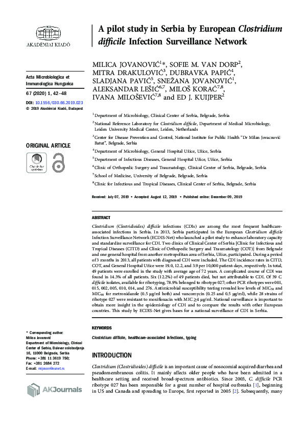(PDF) A pilot study in Serbia by European Clostridium difficile Infection Surveillance Network