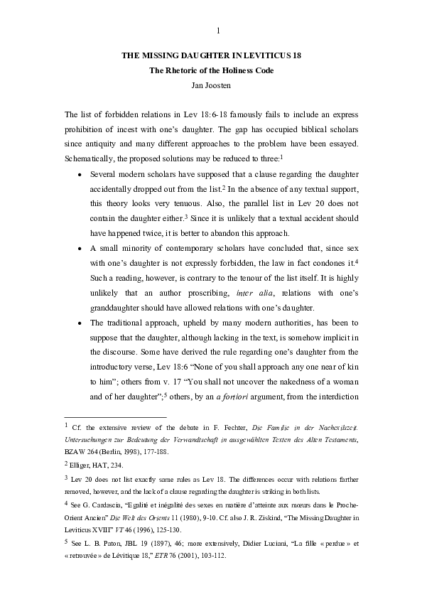(PDF) THE MISSING DAUGHTER IN LEVITICUS 18 The Rhetoric of the Holiness ...