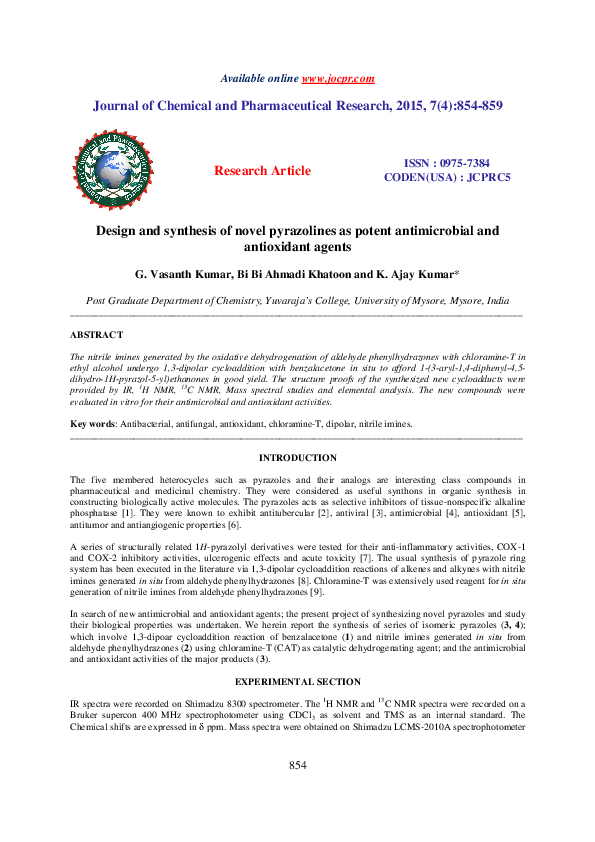 (PDF) Design and synthesis of novel pyrazolines as potent antimicrobial ...