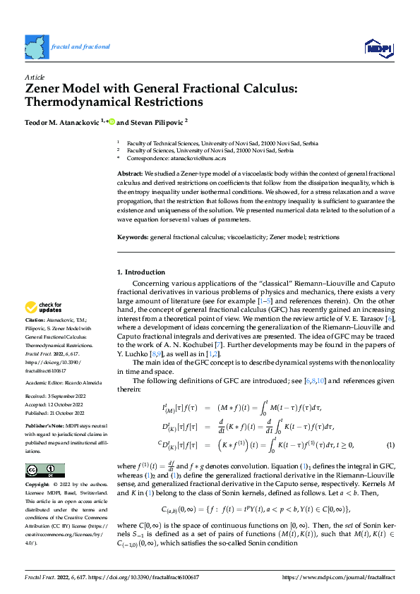(PDF) Zener Model with General Fractional Calculus: Thermodynamical ...