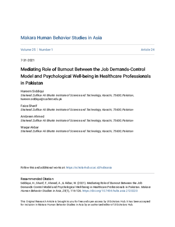 (PDF) Mediating Role of Burnout Between the Job Demands-Control Model ...