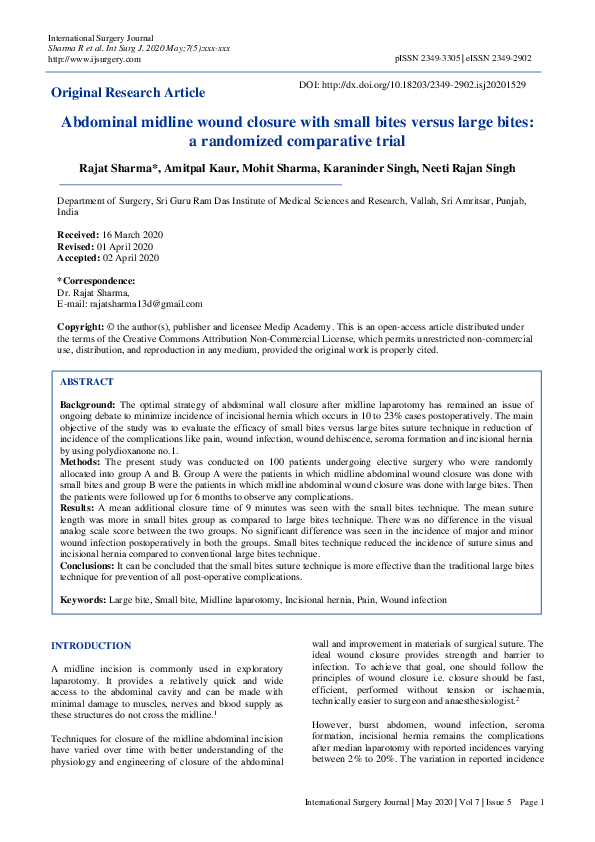 (PDF) Abdominal midline wound closure with small bites versus large ...
