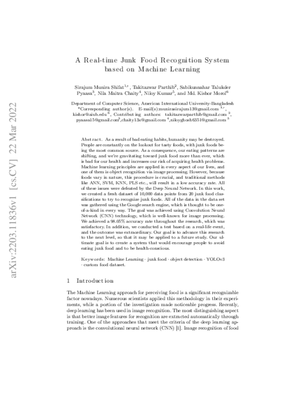 (PDF) A Real-time Junk Food Recognition System based on Machine Learning