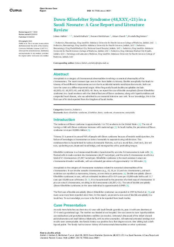(PDF) DownKlinefelter Syndrome (48,XXY,+21) in a Saudi Neonate A Case