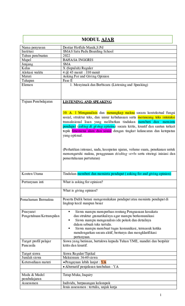 Doc Modul Ajar Bahasa Inggris Kelas X Asking For Opinion