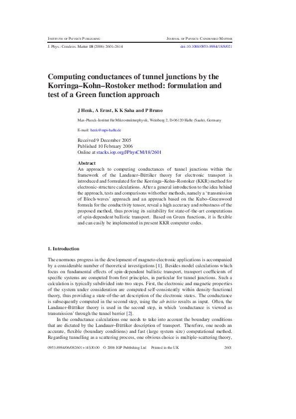 (PDF) Computing conductances of tunnel junctions by the Korringa–Kohn ...