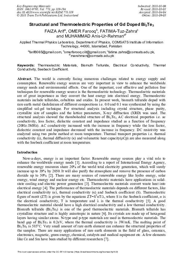 (PDF) Structural and Thermoelectric Properties of Gd Doped Bi2Te3