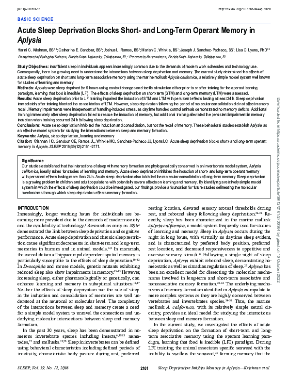 (PDF) Acute Sleep Deprivation Blocks Short- and Long-Term Operant ...