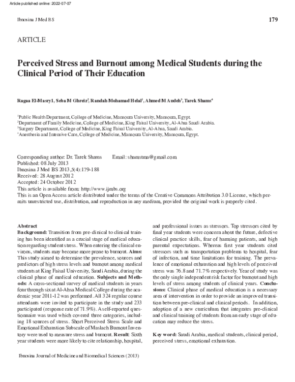 (PDF) Perceived stress and burnout among medical students during the ...