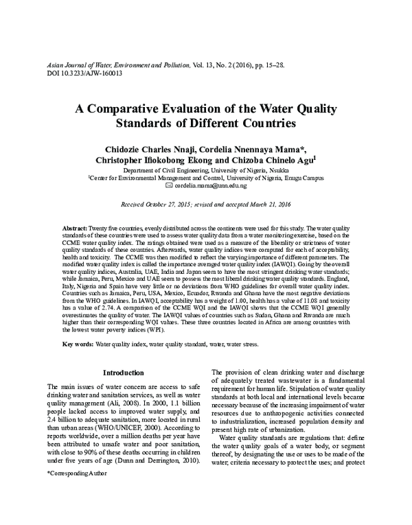 (PDF) A Comparative Evaluation of the Water Quality Standards of ...