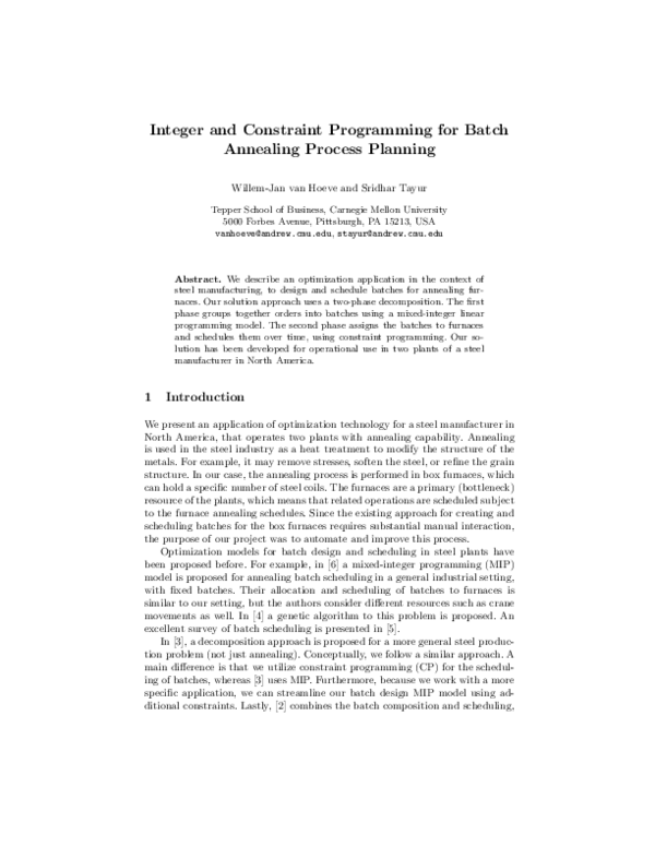 (PDF) Integer and Constraint Programming for Batch Annealing Process ...
