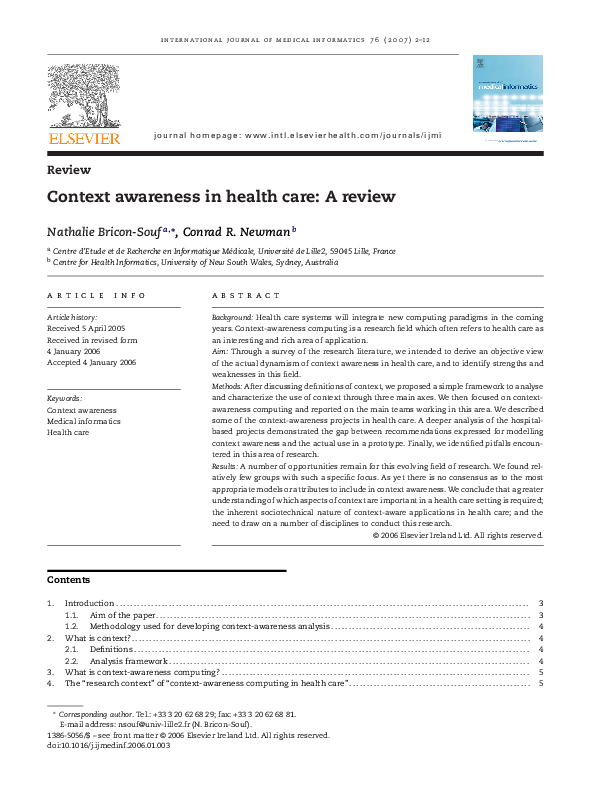 (PDF) Context awareness in health care: A review