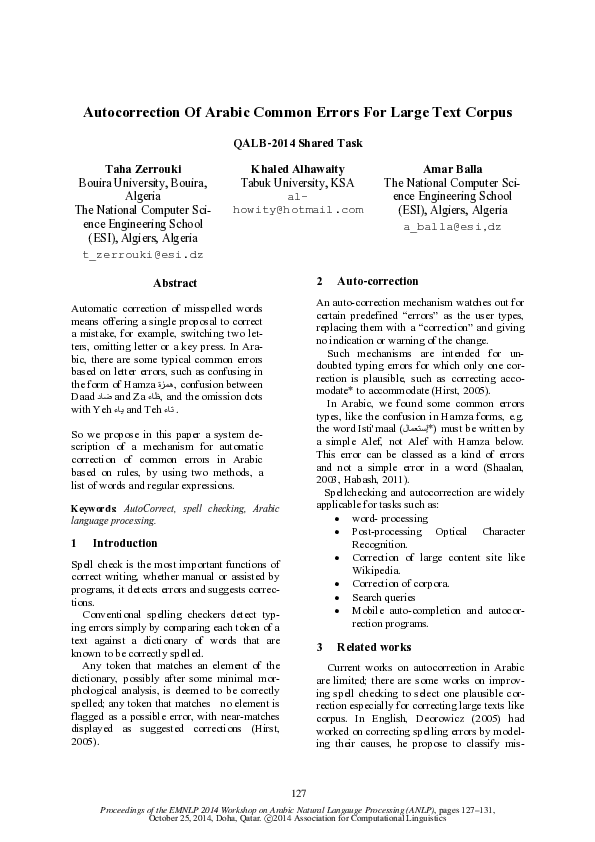 (PDF) Autocorrection of arabic common errors for large text corpus