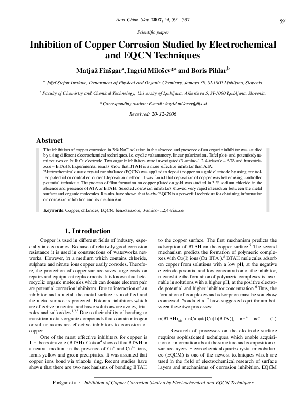 (PDF) Inhibition of Copper Corrosion Studied by Electrochemical and ...