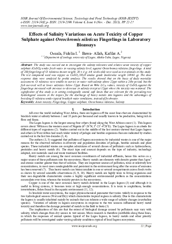 (PDF) Effects of Salinity Variations on Acute Toxicity of Copper ...