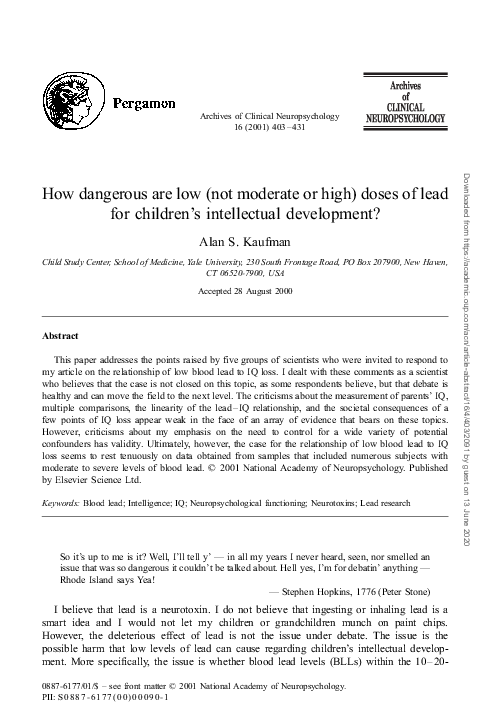 (PDF) How dangerous are low (not moderate or high) doses of lead for ...