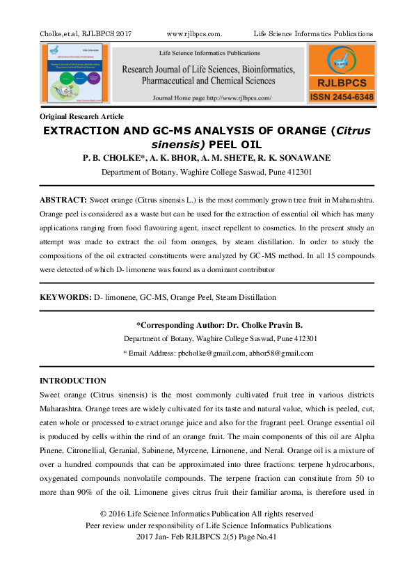 (PDF) EXTRACTION AND GC-MS ANALYSIS OF ORANGE (Citrus sinensis) PEEL OIL