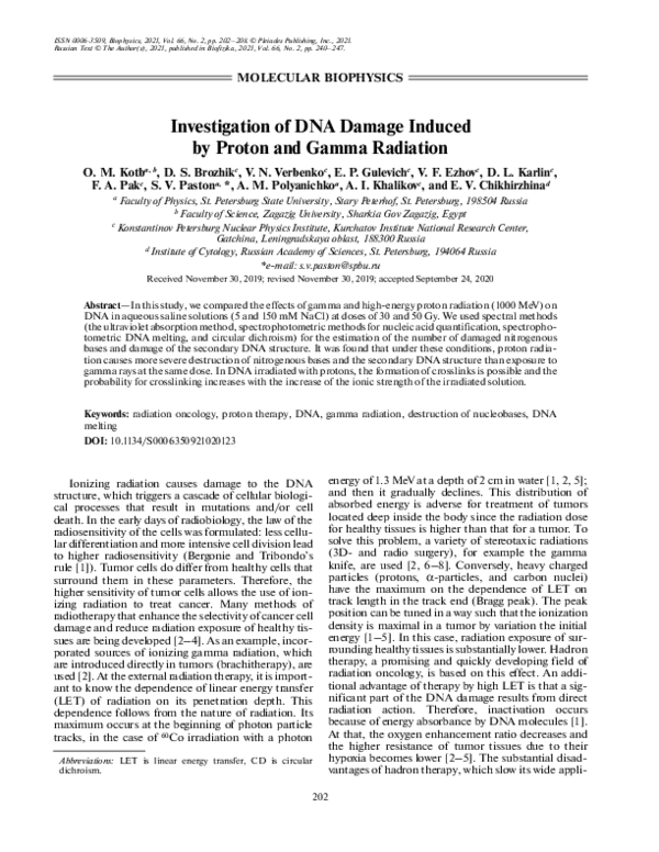 (PDF) Investigation of DNA Damage Induced by Proton and Gamma Radiation
