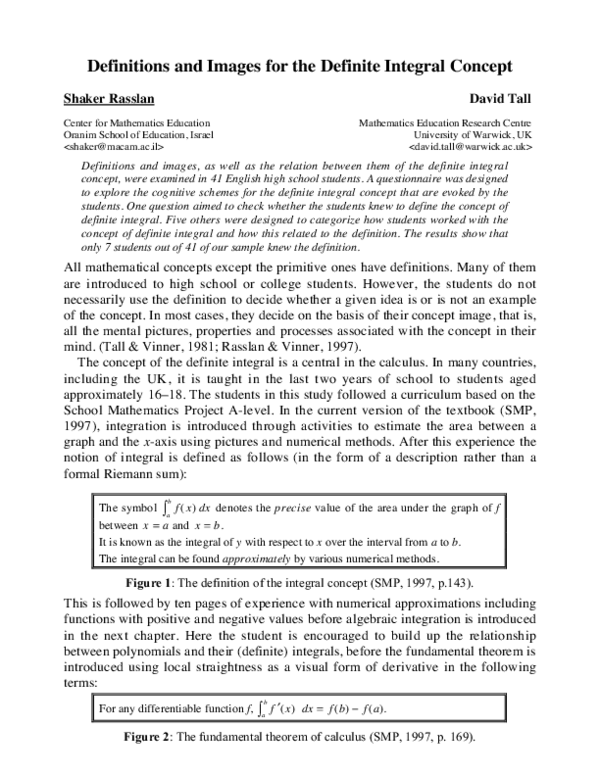 (PDF) Definitions and images for the definite integral concept