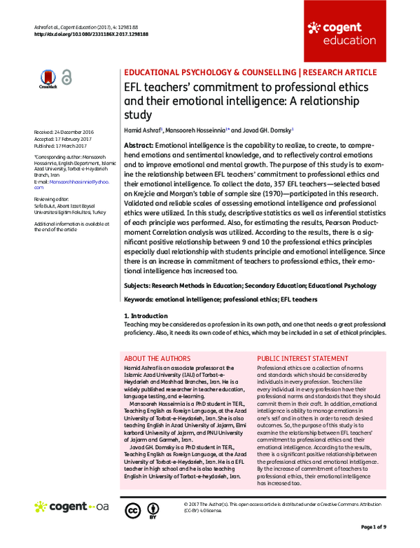 (PDF) EFL teachers commitment to professional ethics and their ...