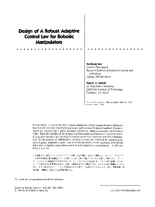 (PDF) Design of a robust adaptive control law for robotic manipulators