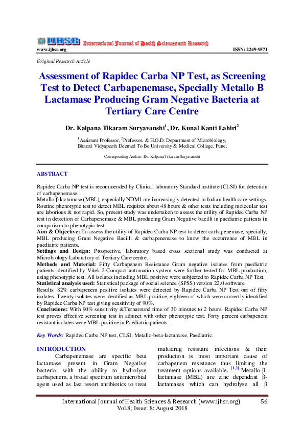 (PDF) Assessment of Rapidec Carba NP Test, as Screening Test to Detect ...