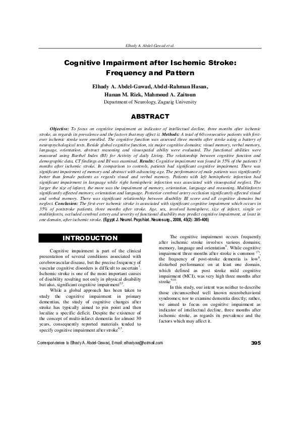 (PDF) Cognitive Impairment after Ischemic Stroke : Frequency and Pattern