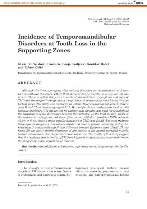 (PDF) Incidence of temporomandibular disorders at tooth loss in the ...