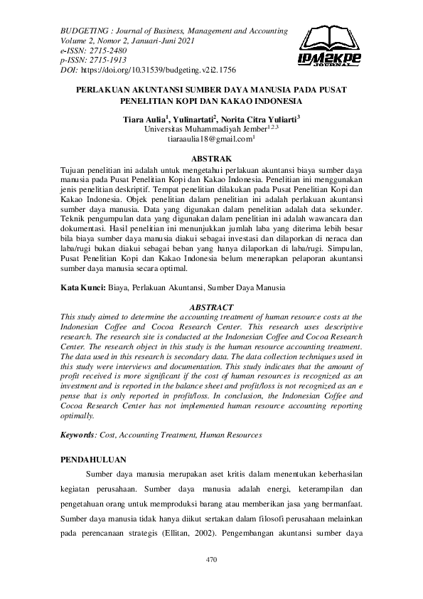 Perlakuan Akuntansi Sumber Daya Manusia pada Pusat Penelitian Kopi dan Kakao Indonesia