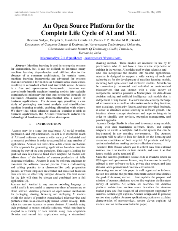 (PDF) Open Source Platform for The Complete Life Cycle of AI and ML