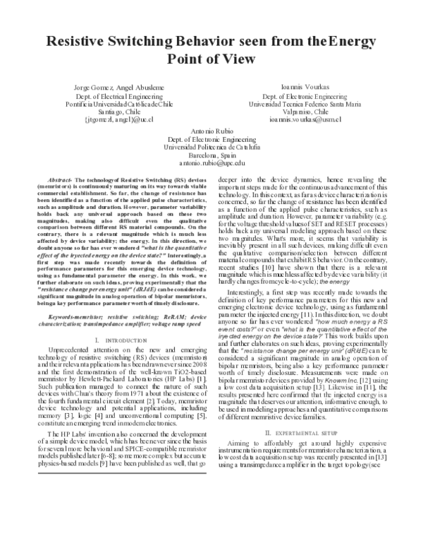 (PDF) Resistive Switching Behavior seen from the Energy Point of View