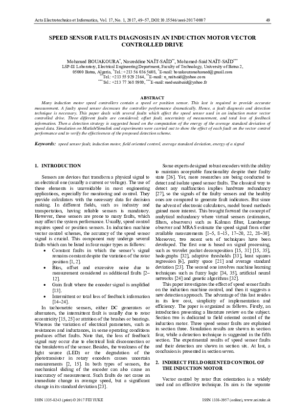 (PDF) Speed Sensor Faults Diagnosis in an Induction Motor Vector